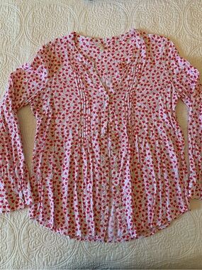 Women's Pink Heart-Print Button Front Top Long Sleeves, Medium